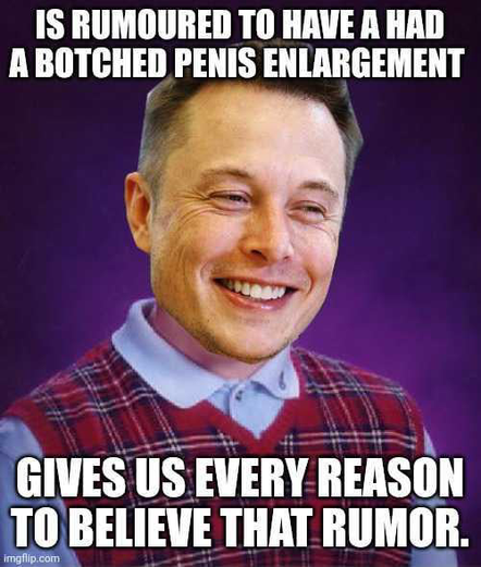 A picture of Elon Musk in the format of Bad Luck Brian meme. Caption: "Is rumored to have a had a botched penis enlargement. Gives us every reason to believe that rumor"