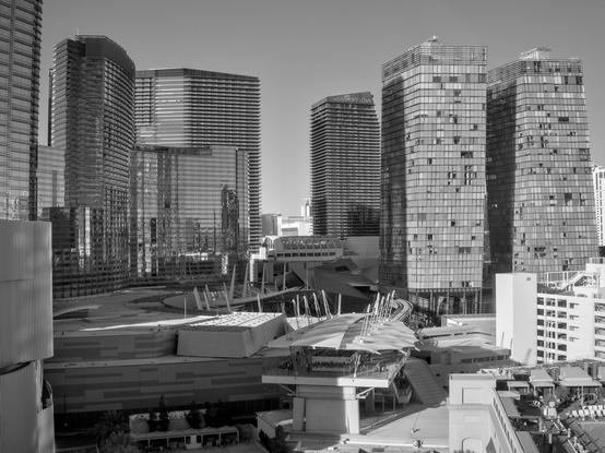 A high contrast mono shot of the hotels/skyscrapers taken from the window of the Park MGM hotel in Las Vegas.