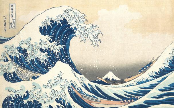 The iconic Japanese woodcut print shows longboats struggling against an enormous, vividly blue wave.