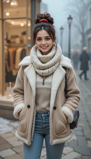 Young woman in a cozy winter outfit, wearing a beige coat with fleece lining, a knitted scarf, and denim jeans, smiling while standing on a foggy city street. Fashionable winter style for cold weather.