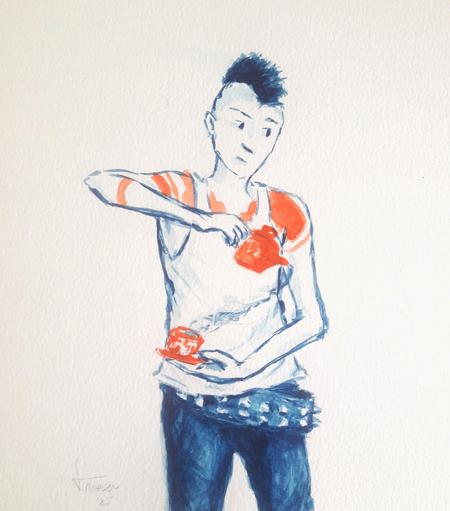 drawing of a punk pooring a cup of tey, while holding the kettle a bit more to the right, to anticipate the 'wind' (protests) coming from that direction, so in the end he get's his cup-o-tea just like how he wanted.

People should be a bit more like punks.