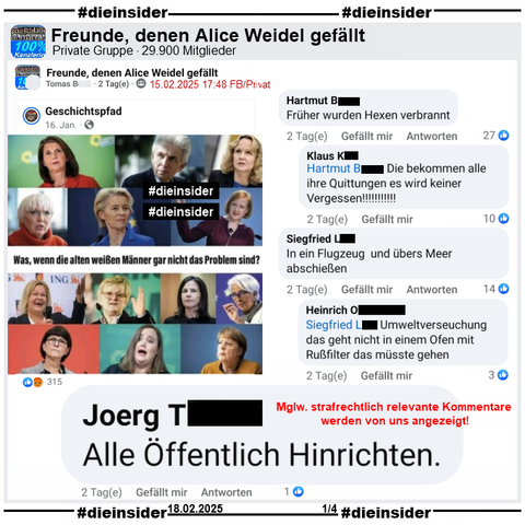 In der Gruppe "Freunde, denen Alice Weidel gefällt" wird ein Bild mit verschiedenen Politikerinnen geteilt. U.a. zu sehen sind Katrin Göring-Eckardt, Claudia Roth, Ursula von der Leyen, Nancy Faeser, Annalena Baerbock, Ricarda Lang und Angela Merkel. Dazu steht im Bild "Was, wenn die alten weißen Männer gar nicht das Problem sind?".

Wir zeigen auf Slide 1 u.a. die Kommentare "Alle Öffentlich Hinrichten.", "Früher wurden Hexen verbrannt." mit der Antwort "Die bekommen alle ihre Quittungen es wird keiner Vergessen!" und "In ein Flugzeug und übers Meer abschießen." mit der Antwort "Umweltverseuchung das geht nicht in einem Ofen mit Rußfilter das müsste gehen."

Die möglicherweise strafrechtlich relevanten Kommentare werden von uns angezeigt!