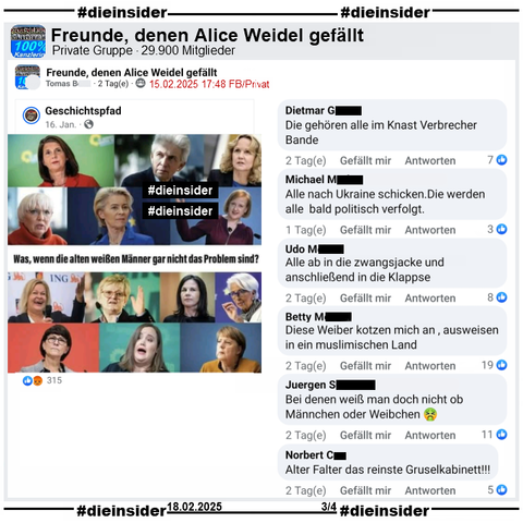 In der Gruppe "Freunde, denen Alice Weidel gefällt" wird ein Bild mit verschiedenen Politikerinnen geteilt. U.a. zu sehen sind Katrin Göring-Eckardt, Claudia Roth, Ursula von der Leyen, Nancy Faeser, Annalena Baerbock, Ricarda Lang und Angela Merkel. Dazu steht im Bild "Was, wenn die alten weißen Männer gar nicht das Problem sind?".

Wir zeigen auf Slide 3 u.a. die Kommentare "Die gehören alle im Knast Verbrecher Bande.", "Alle nach Ukraine schicken.Die werden alle bald politisch verfolgt.", "Alle ab in die zwangsjacke und anschließend in die Klappse.", "Diese Weiber kotzen mich an , ausweisen in ein muslimischen Land.", "Bei denen weiß man doch nicht ob Männchen oder Weibchen." und "Alter Falter das reinste Gruselkabinett!"

Die möglicherweise strafrechtlich relevanten Kommentare werden von uns angezeigt!