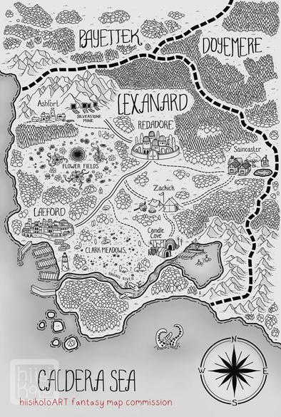 Black and white, digitally hand-drawn portal fantasy map. It depicts a coastal sea of Caldera, and country of Lexanard bordering Payettek and Doyemere. In the sea dwells a tentacle monster right next to the neat compass in the right lower corner.

Lexanard depicts places like Ashfort, a withered village that has been ravaged many a time, and Silverstone mine - both in the left upper corner of the country. Below them are the Flower Fields full of flora that is hungry to eat people, and a portal the begins the story of the book. Below that at the coast is city of Laeford, with a port below it with a lighthouse leading the way. Behing the lighthouse are clark meadows, village of Candle Cove, and a little lake that connects to the sea by a Raging River that has dangerous crocodiles living in it.

Above Candle Cove is Zackick, a town made of temporary dwellings, like tents. Above that is the capital city of Lexanard, known as Redadore. The city is grand with great dome-like towers and grand bridges and walkways.

On the middle right of Lexanard, right by the border before Doyemere is Saincaster, a quaint little town with a small lake right next to it.

All of the main places are connected with various type of roads from mainroads, to common roads and smaller trails.

The map looks cozy, with individually drawn trees of various kinds - leafy greens and firs dot the landscape.

The titlework is also hand drawn and inspired by the author's description of their world.