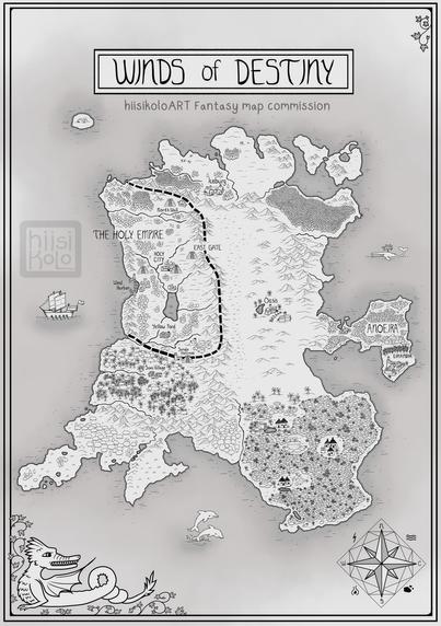 Black and White, large fantasy map. Edges of the map have small decorations of leaves, and framing rectangular lines. In the left hand bottom corner is a medieval-inspired drake, surrounded by curled leaves. On the left bottom corner is a special themed compass with the style that fits Hannah Steenbock's (the client) book covers. At the top reds the name of the book this map was made for "Winds of Destiny" in handwritten, fantasy styled typography. The surrounding sea depicts a galley in the center left, a whale at center right, and two dolphins at the bottom center. Locations on the map top to bottom depicts places like: Iceburg, The Holy Empire, Holy City, Yellow Ford, Jungle Fortress, Anoeira, and more. There are multiple types of vegetation from icy tundra, to jungle, and desert. Each tree and forest is hand-drawn one by one. The style is inspired by Tolkien.