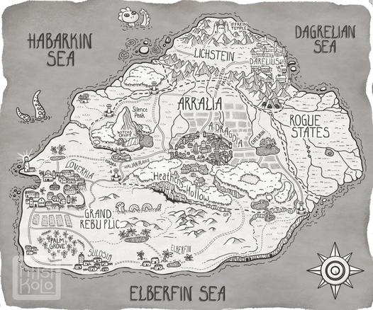 Hand drawn digital drawing of a fantasy map. Black and white theme. Map displays an island-like world with a surrounding seas - Habarkin sea, Dagrelian sea, Elberfin sea, and two sea monsters. In thw world are places like - Lichstein at the top, Arralia in the middle, Rogue states to the right, and Gran Republic to the bottom. In the middle is Heathens' Hollow. The map displays cities, sandworms, small towns, crops, different biomes, a mountain, and many points of intrests - like a witches' cave.
