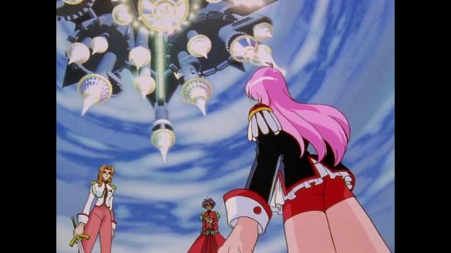 Theree girls from anime Revolutionary Girl Utena preparing for a fight under an upside down sky castle.