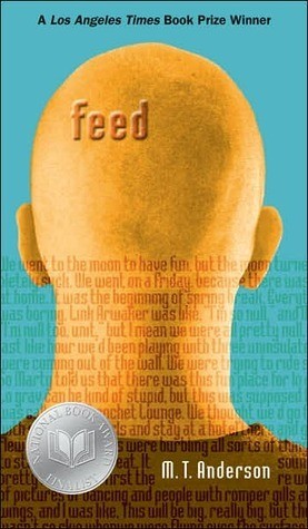 Feed by MT Anderson. The back of a white person's shaved head is centered on a blue background. the person is wearing a brown t-shirt.