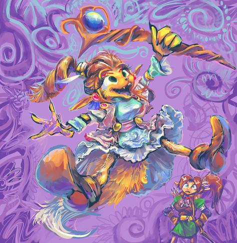 anthropomorph animal of uncertain specific species, with elf ears, smiling enthusiastically, wearing a flowing gown and holding forth a magical staff, jumping strangely with both feet pointing out in different directions.  a stereotypical fantasy archer caucasian elf lurks nearby, observing the other creature with a puzzled or worried expression.  the background is erratic curved purple nonsense