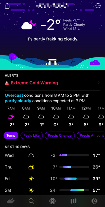 A screenshot of CARROT Weather weather app on a mobile phone, showing a partly cloudy sky with a temperature of -2 degrees, feels like -17 degrees, and a wind of 13. The app states "It's partly frakking cloudy". There's an alert for an Extreme Cold Warning. The forecast shows overcast conditions from 8 AM to 2 PM, with partly cloudy conditions expected at 3 PM. The hourly forecast shows temperatures ranging from -2 degrees to 9 degrees. The next 10 days forecast shows temperatures ranging from -2 degrees to 57 degrees.