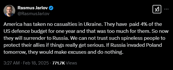 America has taken no casualties in Ukraine. They have paid 4% of the US defence budget for one year and that was too much for them. So now they will surrender to Russia. We can not trust such spineless people to protect their allies if things really get serious. If Russia invaded Poland tomorrow, they would make excuses and do nothing.