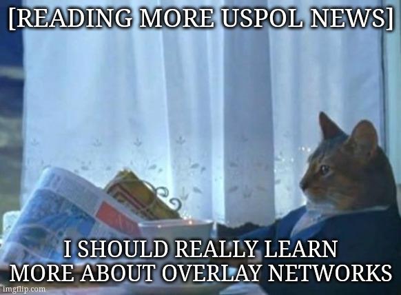 Cat reading a newspaper meme. Top says, "[Reading more uspol news]". Bottom says: "I should really learn more about overlay networks"