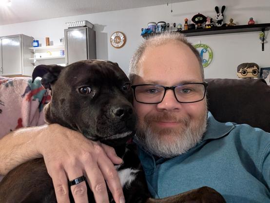 Selfie with me and Pepper (Black Lab / Staffy Mix)