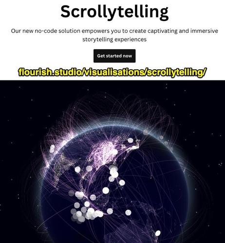 The image features a stylized representation of the Earth, showcasing a network of white dots connected by vibrant lines, symbolizing data or connections. Above this visualization is a header titled "Scrollytelling," describing a no-code solution for creating immersive storytelling