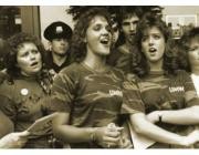 Women supporters of the Pittston Strike, possible members of the Daughters of Mother Jones. Some are wearing camouflage t-shirts.