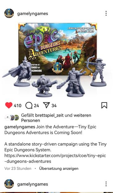 Screenshot Ankündigung gamelyn games tiny epic dungeons adventures - 4 Neue Helden minis vorne, hinten Spieleschachtel