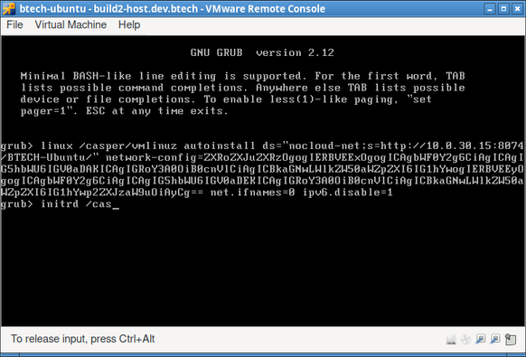 Screenshot from a VMware remote console, showing a GRUB command line for booting Linux, where Packer is entering a 240-character base64-encoded network-config parameter.