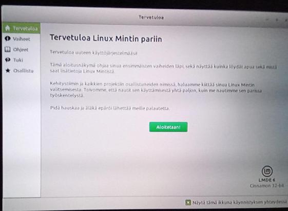Linux Mint Debian Edition 6 aloitusruutu tervetuloa toivotuksineen.