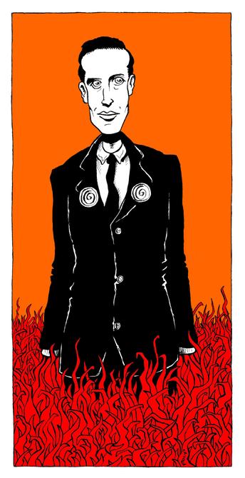 Un homme en costume noir se tient dans un champ d'herbe rouge. Sur sa veste sont agrafées deux gidouilles, symbole de la pataphysique, la science de l'absurde. Le personnage n'a pas de mains. L'herbe semble monter à l'intérieur de ses manches, à moins que ce ne soit le contraire. Version colorisée d'un portrait de Boris Vian, alias "Bison Ravi"...