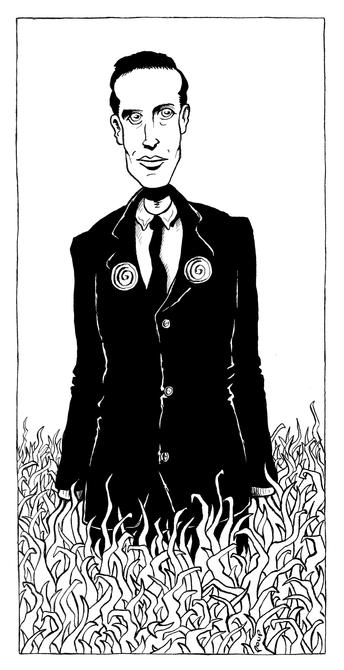 Un homme en costume noir se tient dans un champ d'herbe rouge. Sur sa veste sont agrafées deux gidouilles, symbole de la pataphysique, la science de l'absurde. Le personnage n'a pas de mains. L'herbe semble monter à l'intérieur de ses manches, à moins que ce ne soit le contraire. Version noir et blanc à l'encre de chine d'un portrait de Boris Vian, alias "Bison Ravi"...