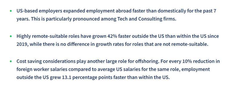 * US-based employers expanded employment abroad faster than domestically for the past 7 years. This is particularly pronounced among Tech and Consulting firms.

* Highly remote-suitable roles have grown 42% faster outside the US than within the US since 2019, while there is no difference in growth rates for roles that are not remote-suitable.

* Cost saving considerations play another large role for offshoring. For every 10% reduction in foreign worker salaries compared to average US salaries for the same role, employment outside the US grew 13.1 percentage points faster than within the US.