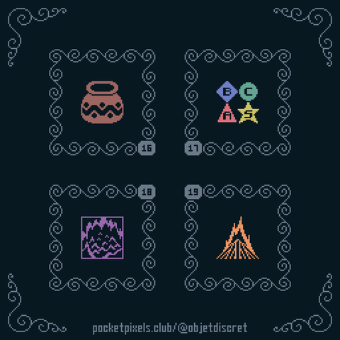 a pixel art illustration of an earthenware pot, a set of different shapes labeled with letters for rarity (B diamond, C circle, A triangle, S star), a cavern, and a pyre.