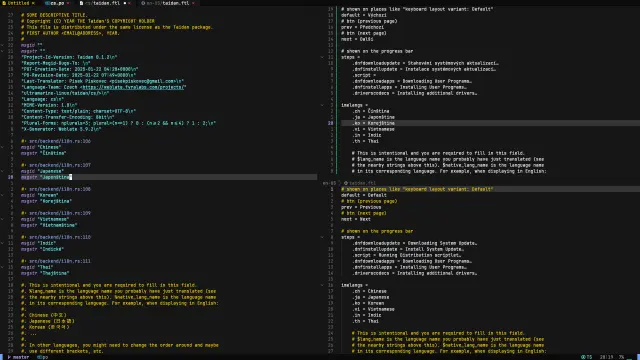 split view in neovim (terminal editor). Left hand side is the original gettext file for Czech, right hand side is the new fluent file