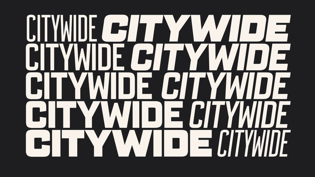 Citywide specimen depicting the word "Citywide" set in styles top to bottom as light narrow to wide bold, and the same again in italics.