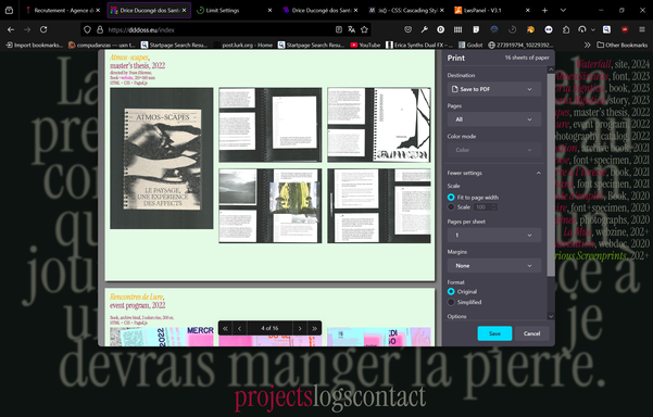 screencapture of my personal website, in the foreground there is the "print" box showing a paginated pdf of my work, looking more like a classical page-to-page portfolio than the website in background