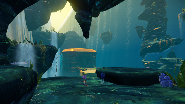 a screenshot from Sonic Boom: Rise of Lyric. Amy and Sonic stand in a cave between two walls of waterfall.