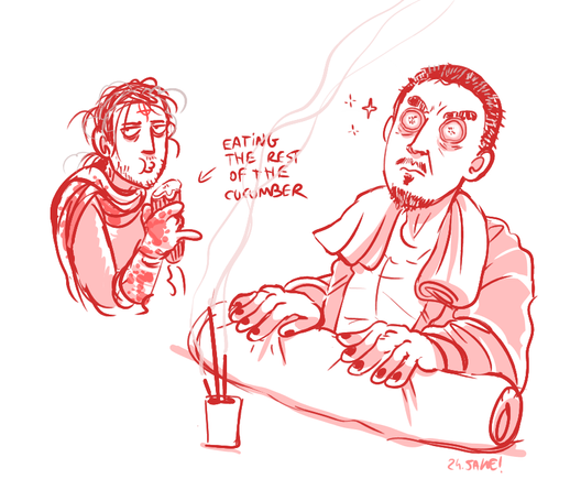 Drawing of Seluvis and Varré from Elden Ring. Seluvis have cucumber slices on his eyes and he's waiting for his nail polish to dry. Varré is eating the rest of the cucumber.