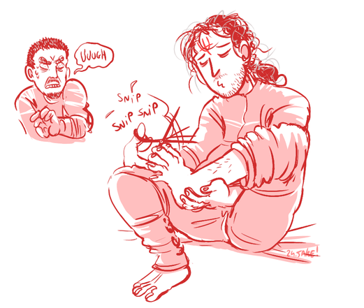 Varré clipping is toe nails, sending nails bits around the room. Seluvis is disgusted.
