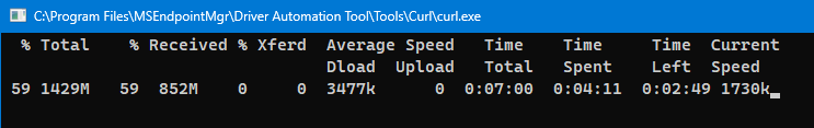 Creen capture of the Driver Automation Tool using curl to download a driver package from Dell. Various statistics on the current transfer are shown in real-time.
