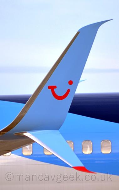 Close-up of the blue up-turned (and down-turned) wing-tips of a blue and white jet airliner facing to the left.
The up-turned wing-tip has a red logo, resembling something between a winky face and the letters "t", "u" and "I" smooshed together.
The down-turned part of the wing-tip has a red tip.
The fuselage of a white jet airliner with a light blue diagonal stripe and a dark blue upper surface fills the bottom of the frame, with grey sky filling the rest.
