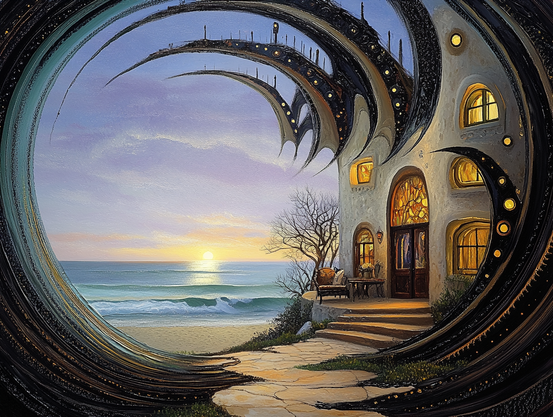 A whimsical fantasy cottage inspired by cephalopods, featuring curved organic structures, glowing windows, and a stunning ocean view at sunset, surrounded by warm inviting lights.