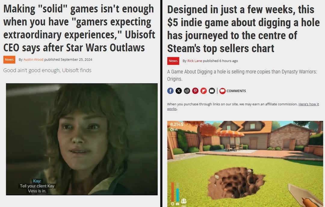 Combined screenshot of a two news articles's titles: 1. 'Making "solid" games isn't enough when you have "gamers expecting extraordinary experiences," Ubisoft CEO says after Star Wars Outlaws.' 2. 'Designed in just a few weeks, this $5 indie game about digging a hole has journeyed to the centre of Steam's top sellers chart.'