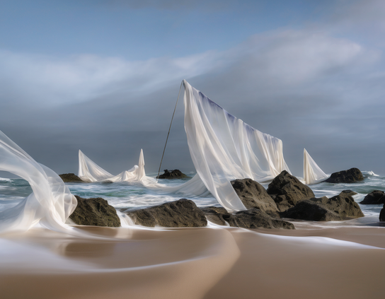 Futuristic but natural looking technology, featuring delicate poles draped with gossamer white fabric, extending from shallow waves, by a sandy beach among some rocks, evoking innovative fabric production from seawater, against a moody sky.