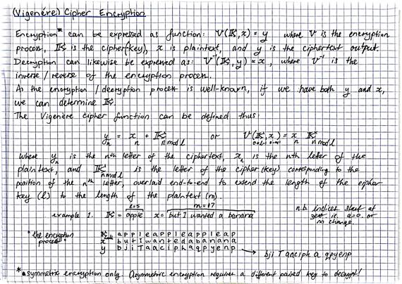 Written on 5mm grid paper (my favourite brand - RHODIA - but any will do in a pinch), this is a mathematical explanation of the mechanism of the Vigenère cipher and general symmetric key cryptography. The language is classical mathematical style, with terms like "can be defined as", "where x is" and so on. I'll spare the unsighted reader a full transcript lest it put them to sleep.
