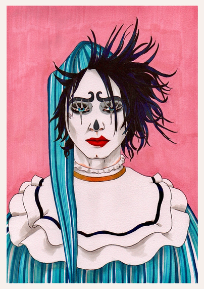 Bust style hand drawn portrait of a white faced clown with black windswept hair, red lips and dark eye makeup. The clown wears blue and white striped clothes with a matching long sleep cap. A white collar with a black ribbon detail near the hem and gold ring around his neck. A pink background. The clown has long silver lashes and a silver star on his cheek with dark eyebrows and a dark teardrop painted on his nose