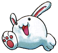 A white cartoon rabbit with small circular eyes, smiley mouth, ears, no tail, and two little feet with pink beans