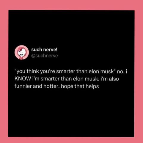 such nerve! @suchnerve writes,

"you think you're smarter than elon musk" no, i KNOW i'm smarter than elon musk. i'm also funnier and hotter. hope that helps