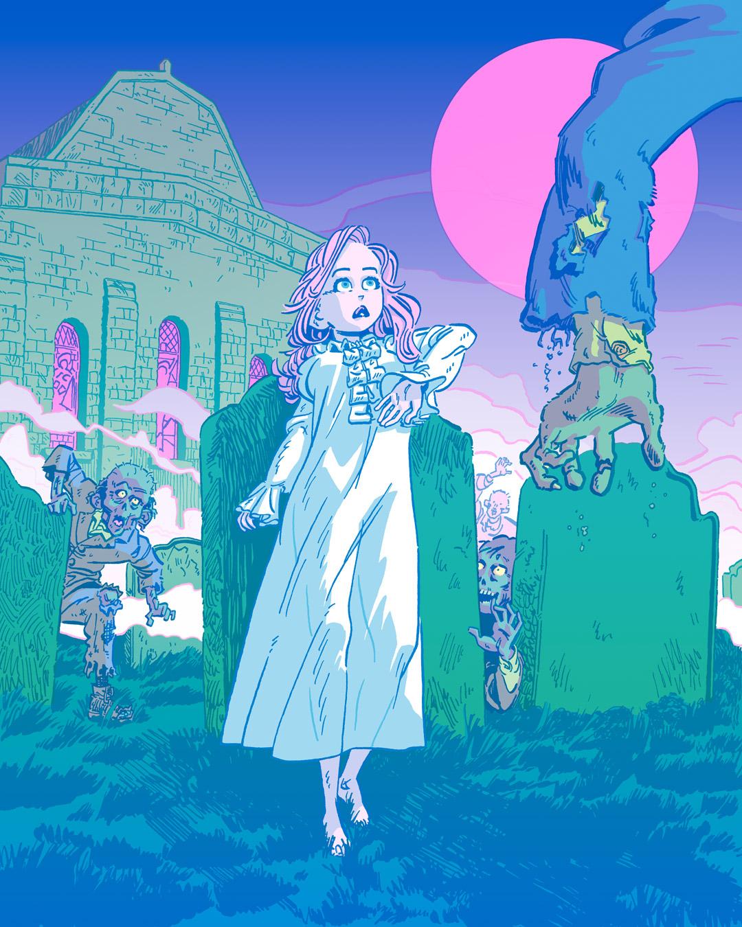 An illustration featuring Lucy Westenra, a cemetery, and zombies.