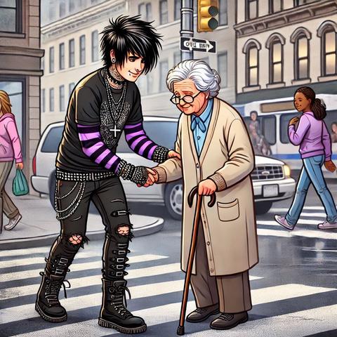 An Emo helping a female senior cross the road