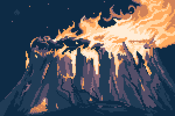 Pixel art depiction of Darth Vader burning on a funeral pyre