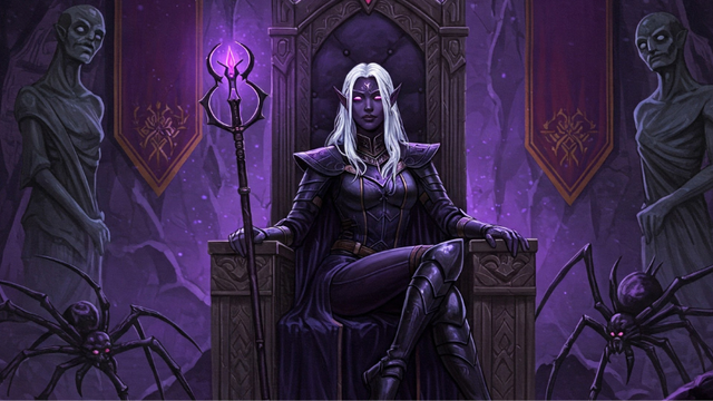 2025 DnD artwork featuring a drow high priestess of the Spider Queen sitting on a throne bathed in purple light.