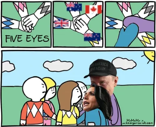 tinkywinky joins handstacking meme

five eyes states uk, australia, canada, newzealand join hands.

two clumpy hands of musk and gabbard join in, the others look angry/displeased at them