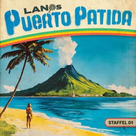 A vibrant, retro-style album cover featuring a woman walking along a sandy beach with palm trees. In the background, a volcano emits smoke, and a lighthouse can be seen along the shoreline. The title "LANOS PUERTO PATIDA" is