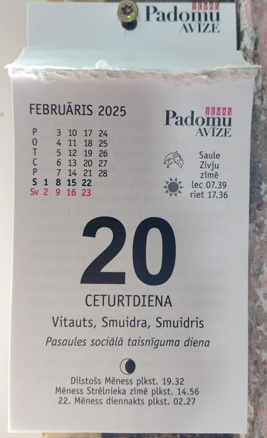 Latvian tear-off calendar showing the date, name day information and observances for 20 February 2025