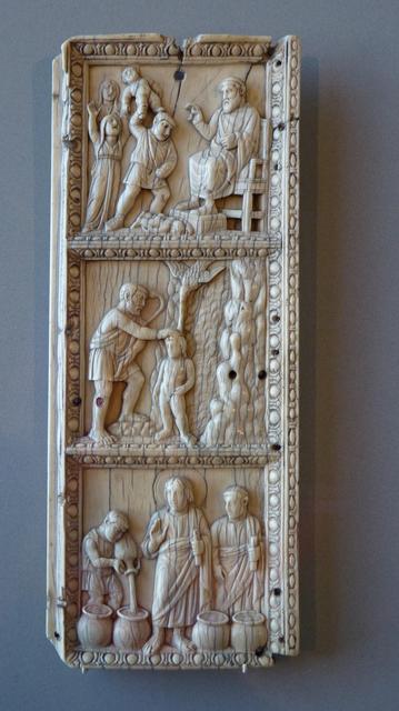 small ivory bas relief panel, depicting incidents from the gospels