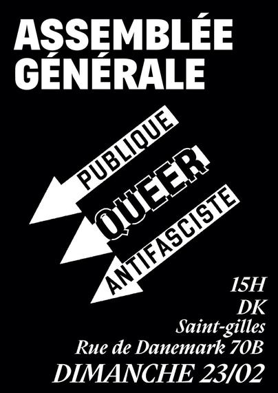 Fond noir, 3 flèches blanches vers le bas (symbole antifasciste) + toutes les infos se l'AG publique.